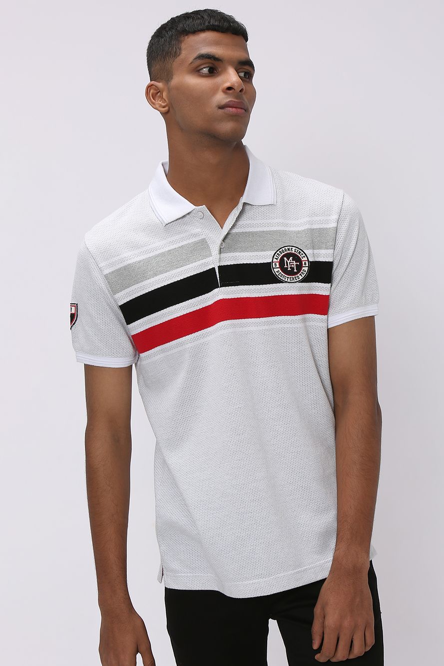 Light Grey & Red Badged Stripe T-Shirt