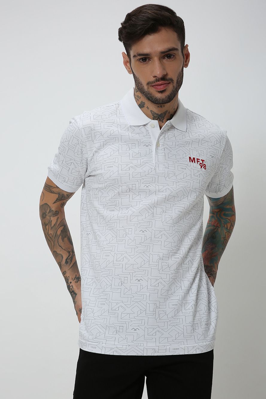 White & Grey Geometric Print Polo T-Shirt