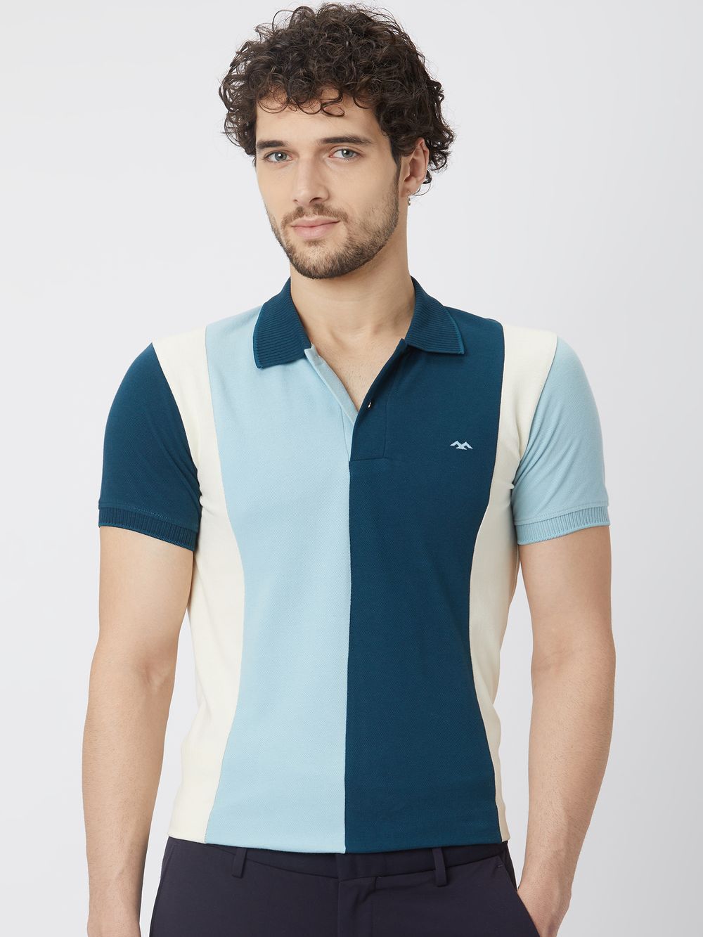 Pastel Light Blue & White Cut & Sew Pique Polo T-Shirt