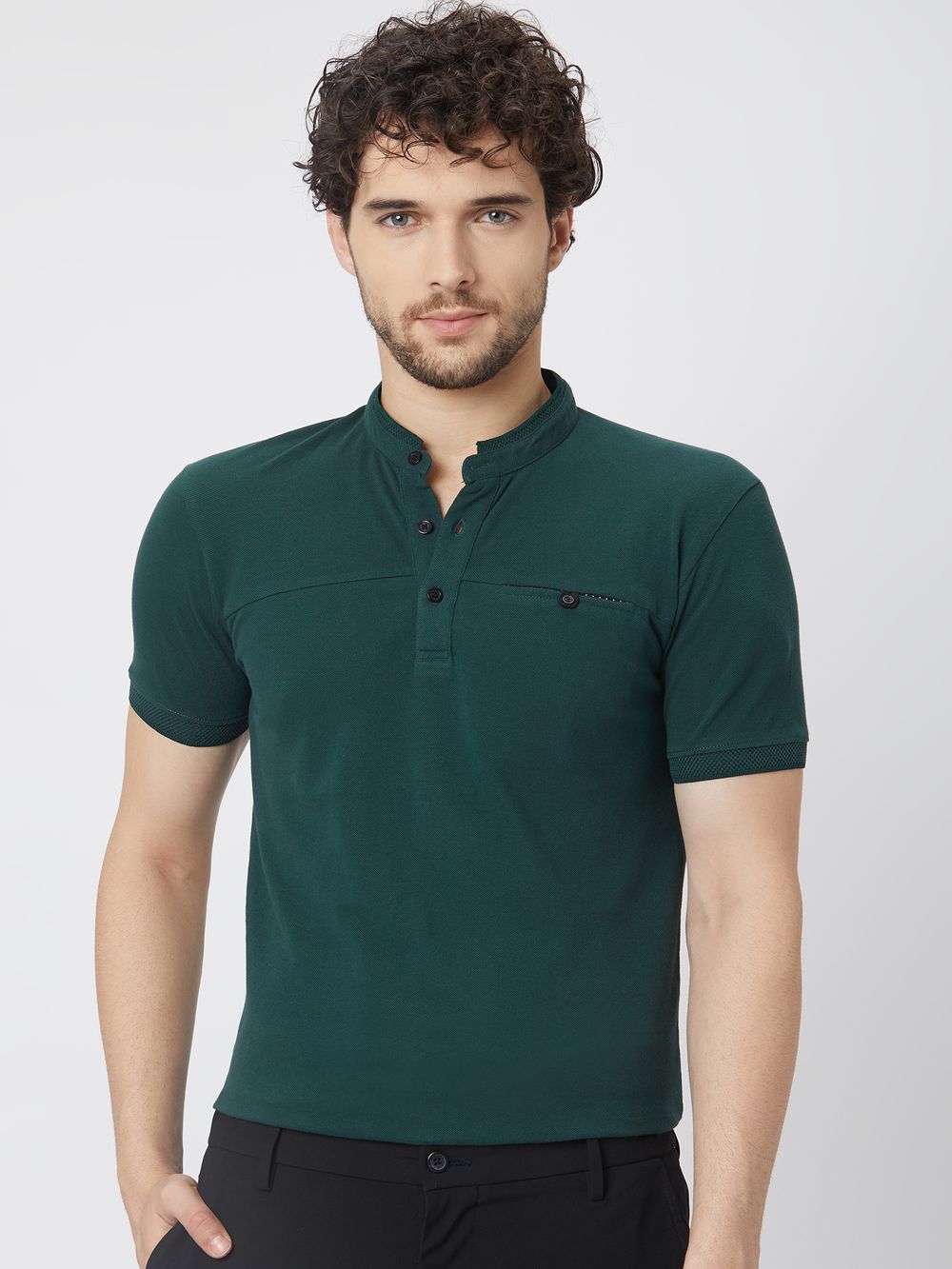 Green & Black Cut & Sew Pique Henley T-Shirt