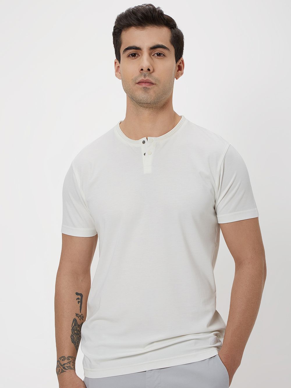 White Snap Button Henley T-Shirt
