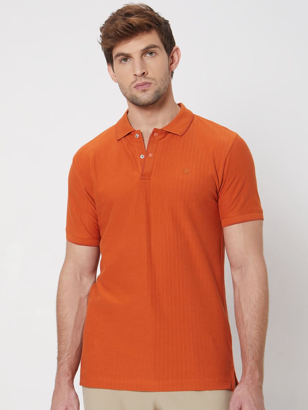 Rust Textured Plain Slim Fit Casual Polo T-Shirt