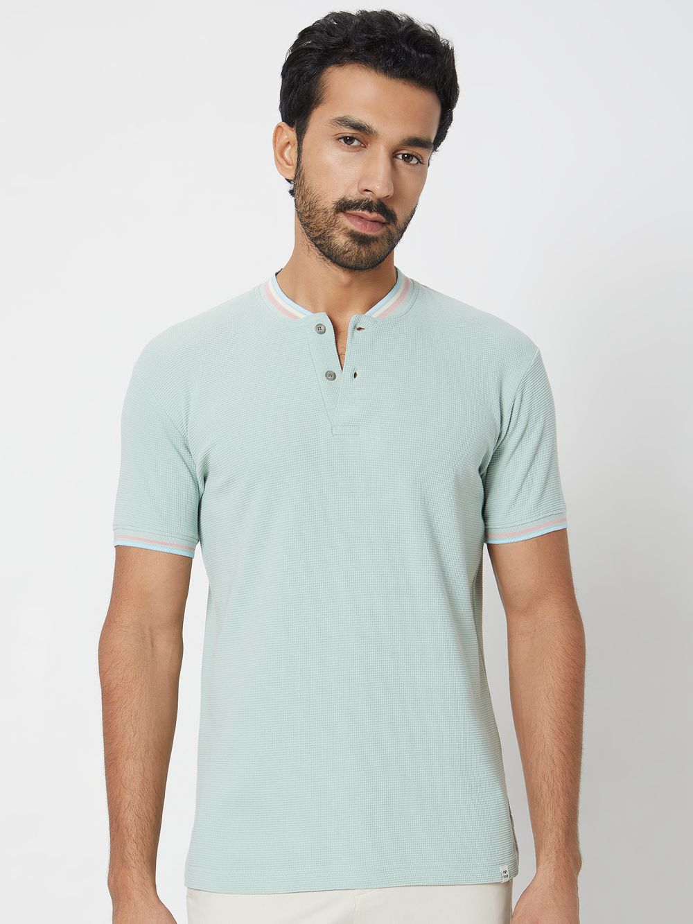 Light Green Textured Tipped Collar Slim Fit Henley T-Shirt