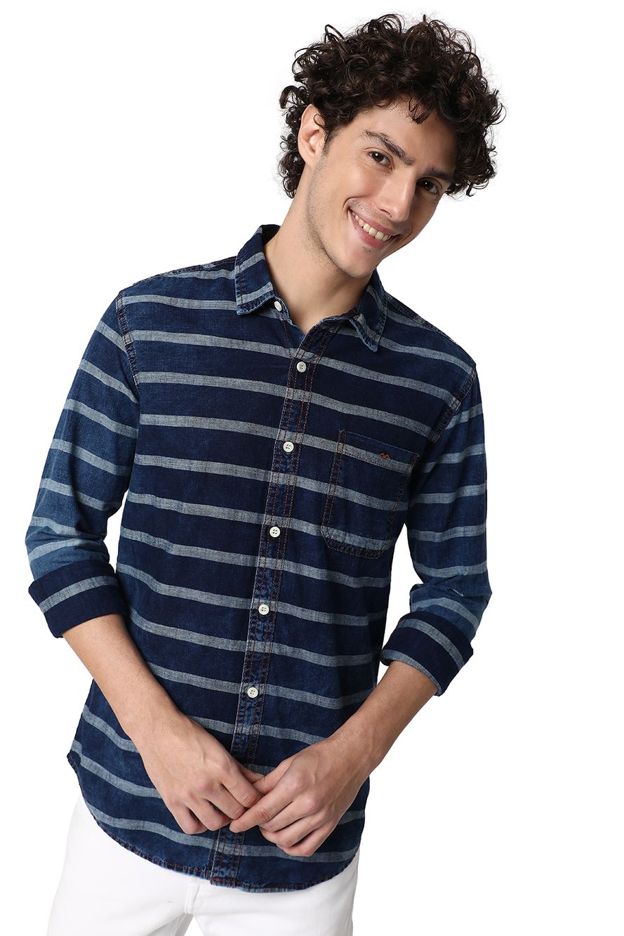 Indigo Blue & White Stripe Slim Fit Casual Shirt