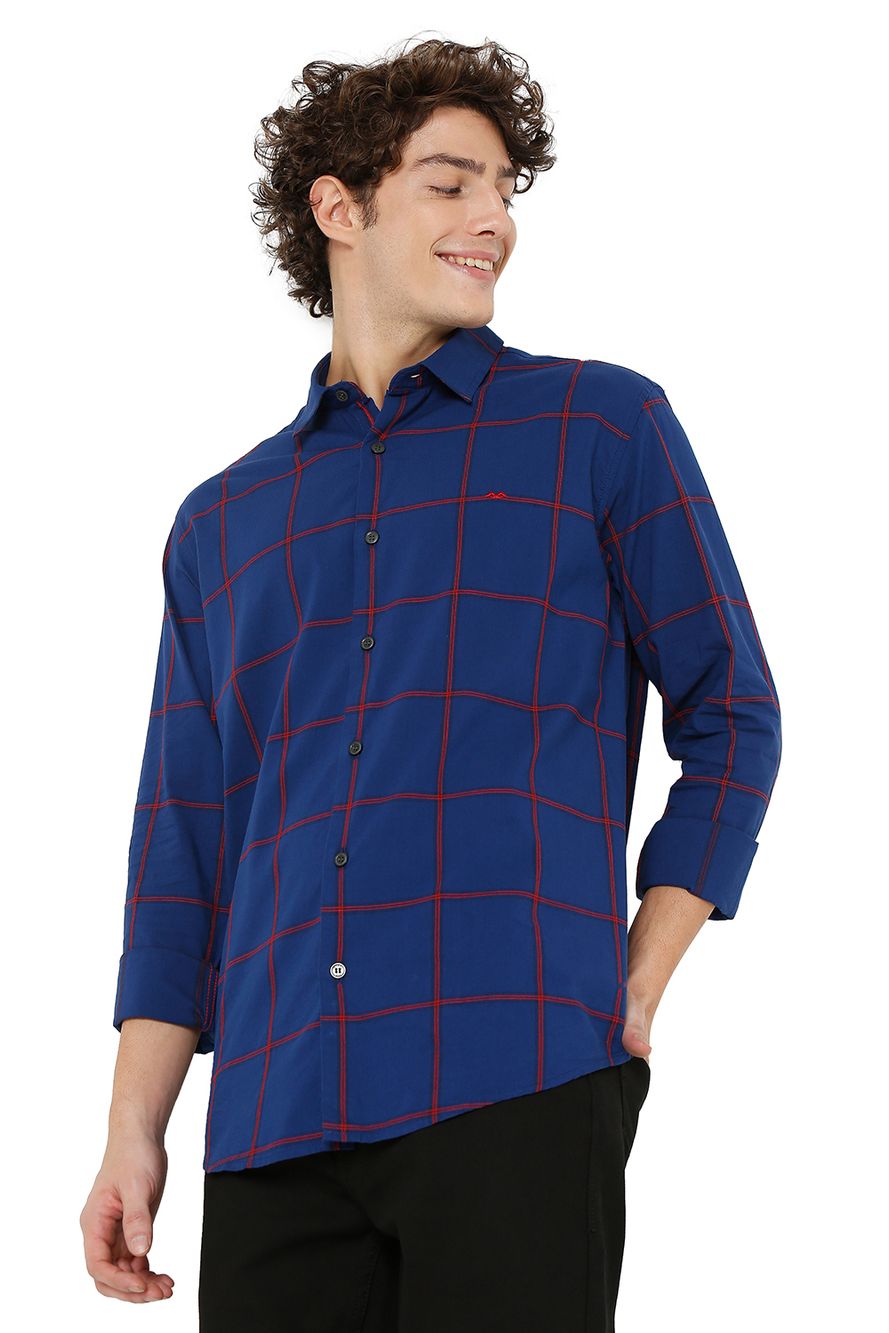 Navy & Red Bamboo Check Slim Fit Casual Shirt
