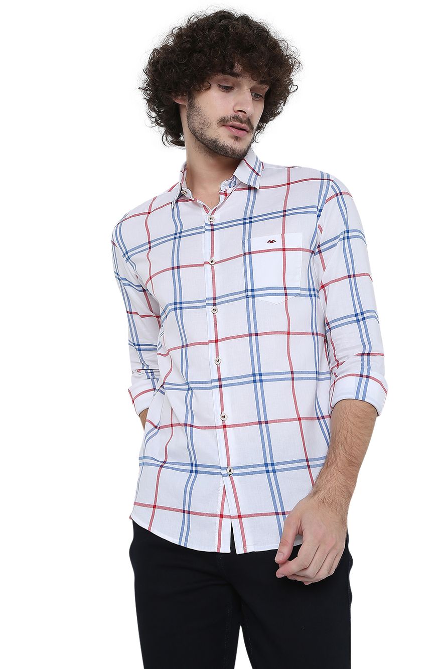 White & Red Lightweight Check Slim Fit Casual Shirt