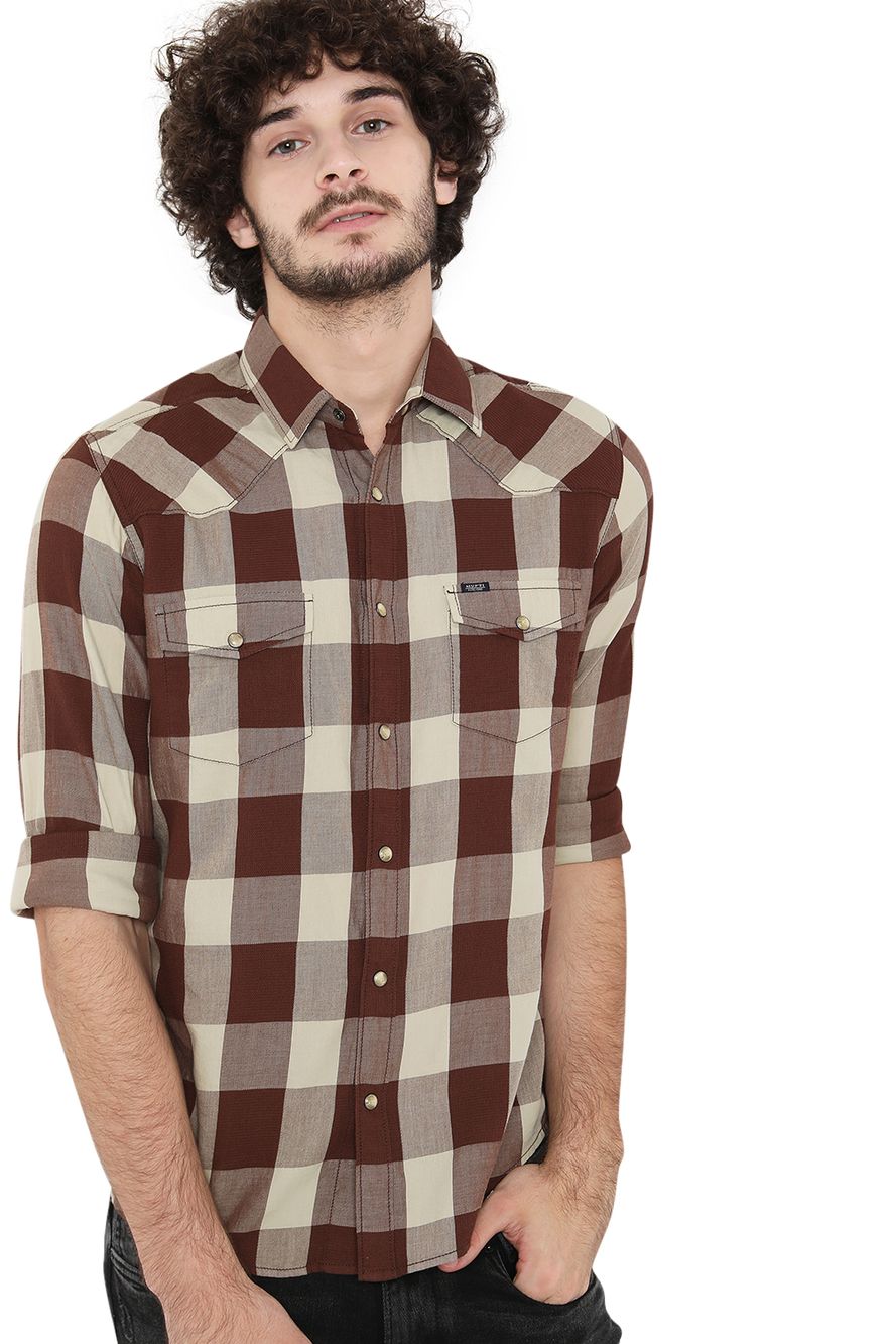 Brown & Off White Western Check Slim Fit Casual Shirt