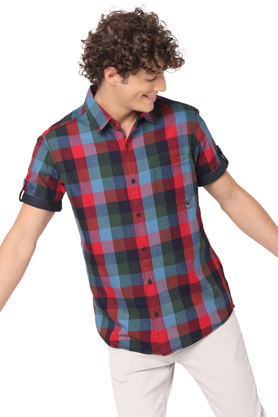 Red & Multi Bold Check Slim Fit Casual Shirt