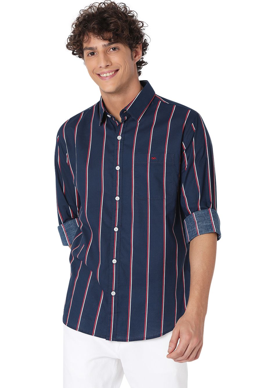 Navy & Red Lightweight Stripe Slim Fit Casual Shirt