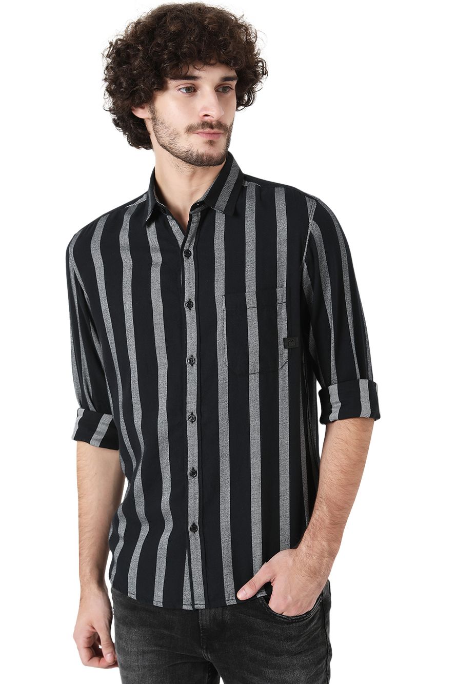 White & Black Awning Stripe Slim Fit Casual Shirt