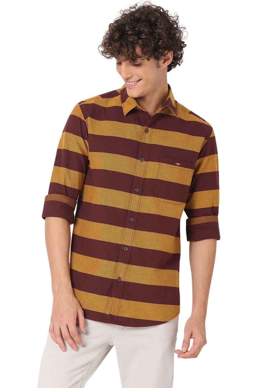 Maroon & Mustard Stripe Slim Fit Casual Shirt