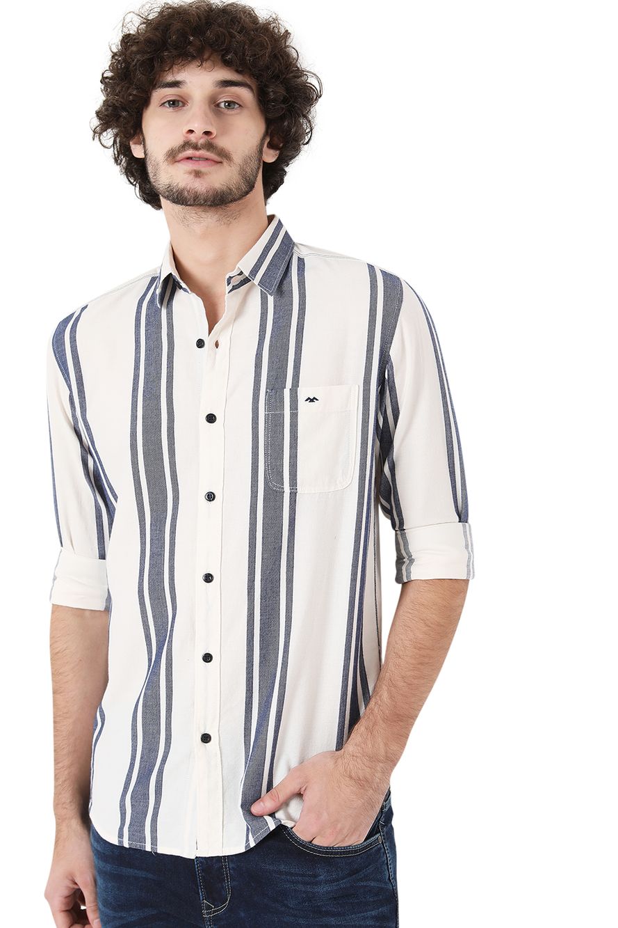 White & Blue Awning Stripe Slim Fit Casual Shirt