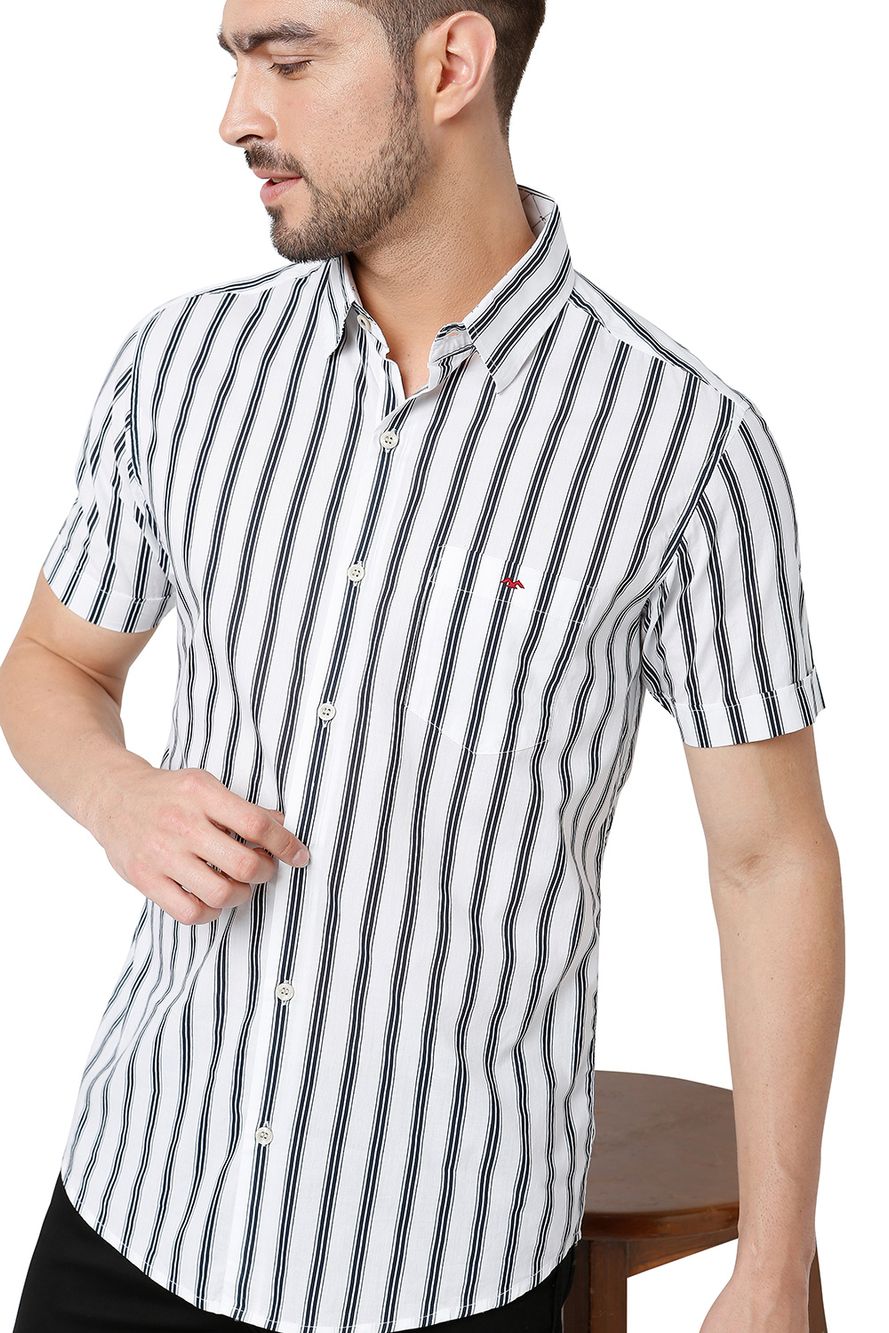 White & Black Peached Stripe Slim Fit Casual Shirt