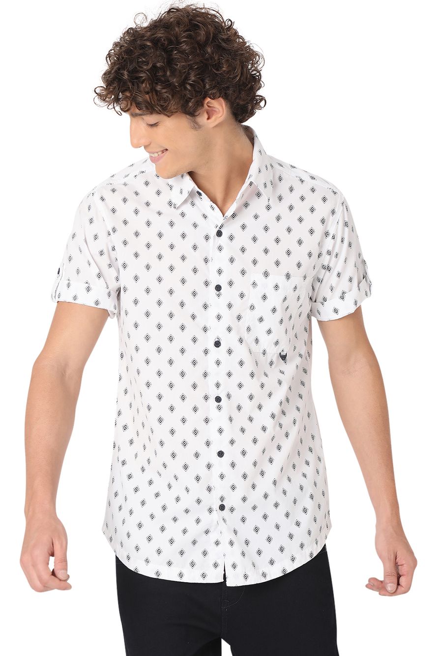 White & Navy Print Slim Fit Casual Shirt