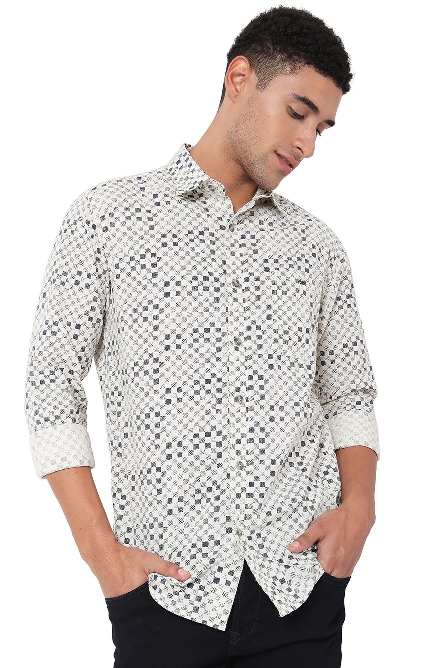 Off White & Navy Checkerboard Print Slim Fit Casual Shirt