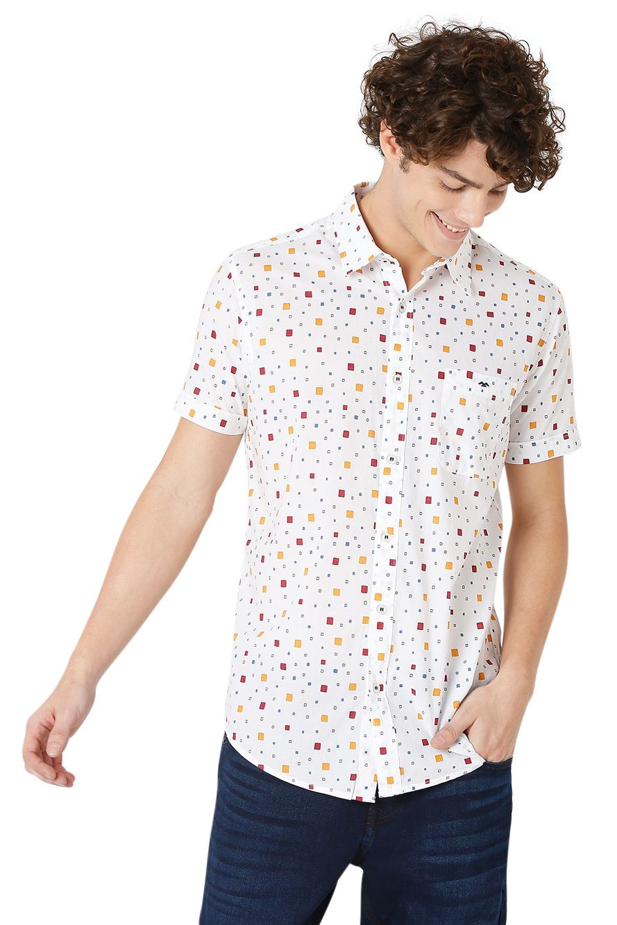 White & Multi Geometric Print Slim Fit Casual Shirt