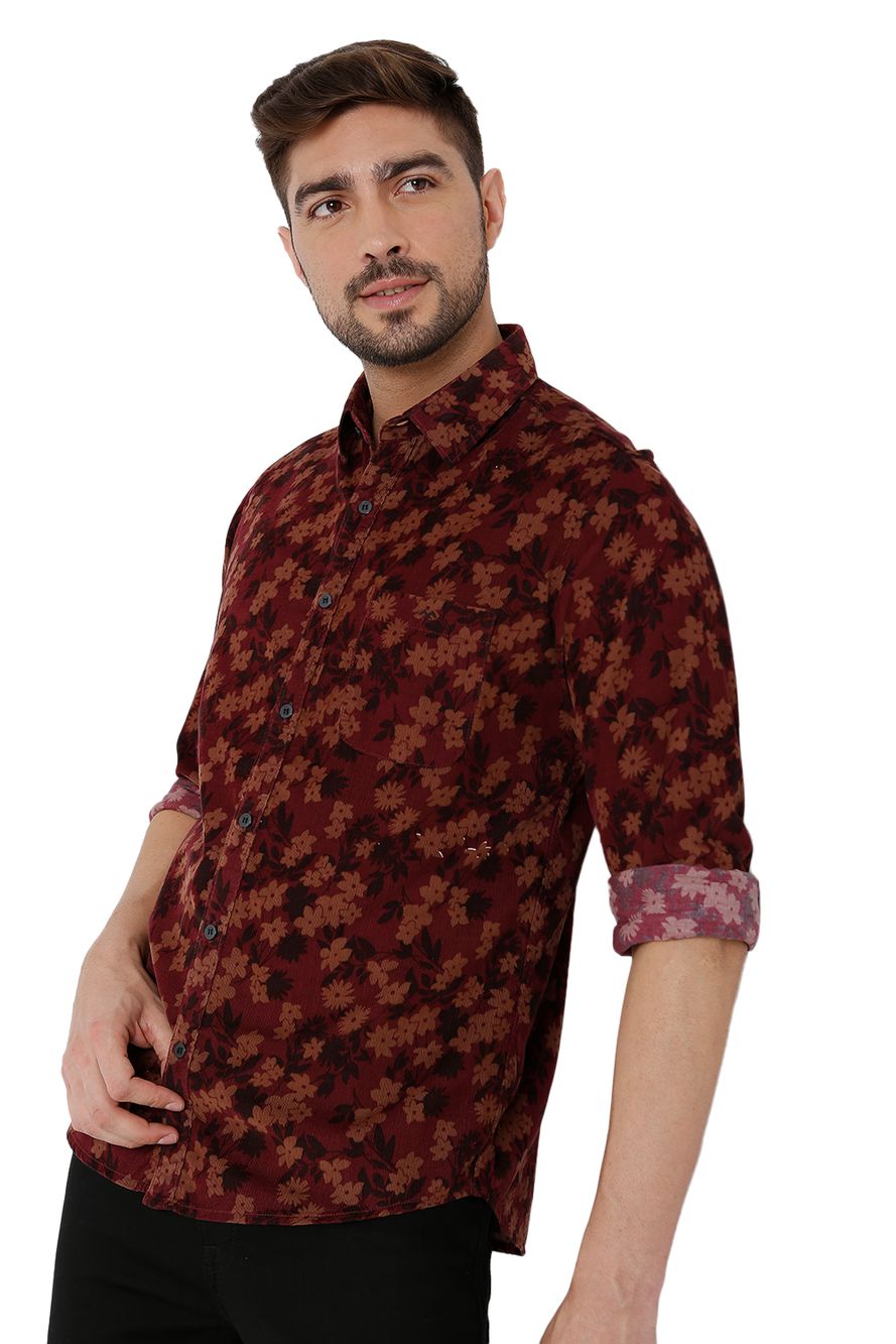 Maroon & Khaki Floral Print Slim Fit Casual Shirt