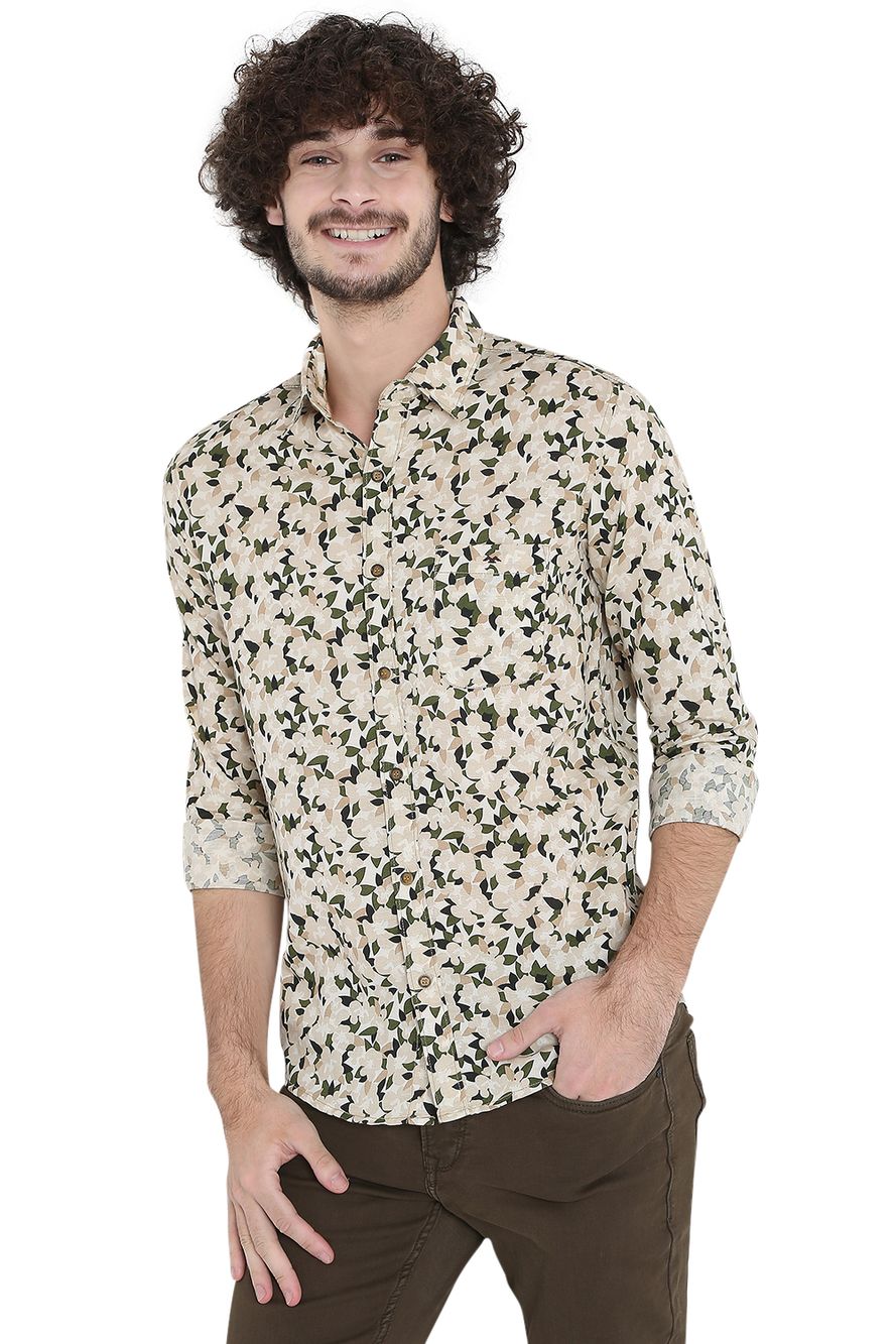 Off White & Green Floral Print Slim Fit Casual Shirt