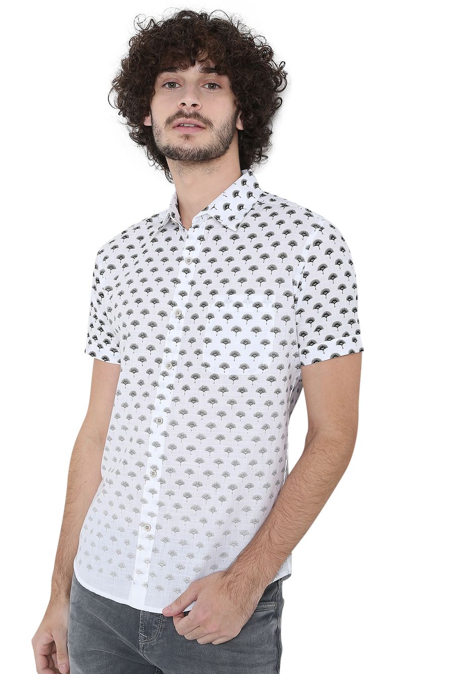 White & Black Logo Print Slim Fit Casual Shirt