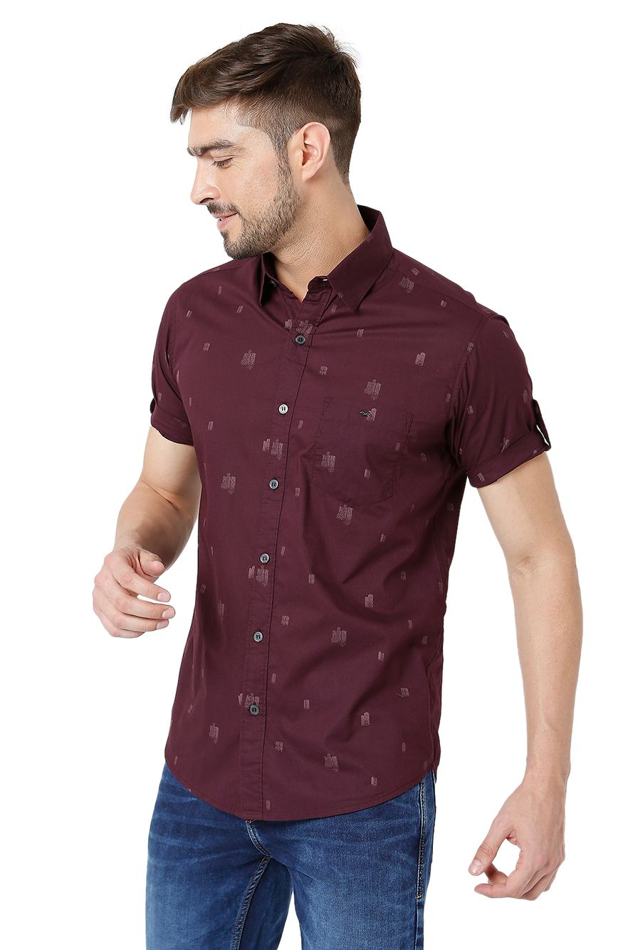 Maroon Geometric Print Slim Fit Casual Shirt
