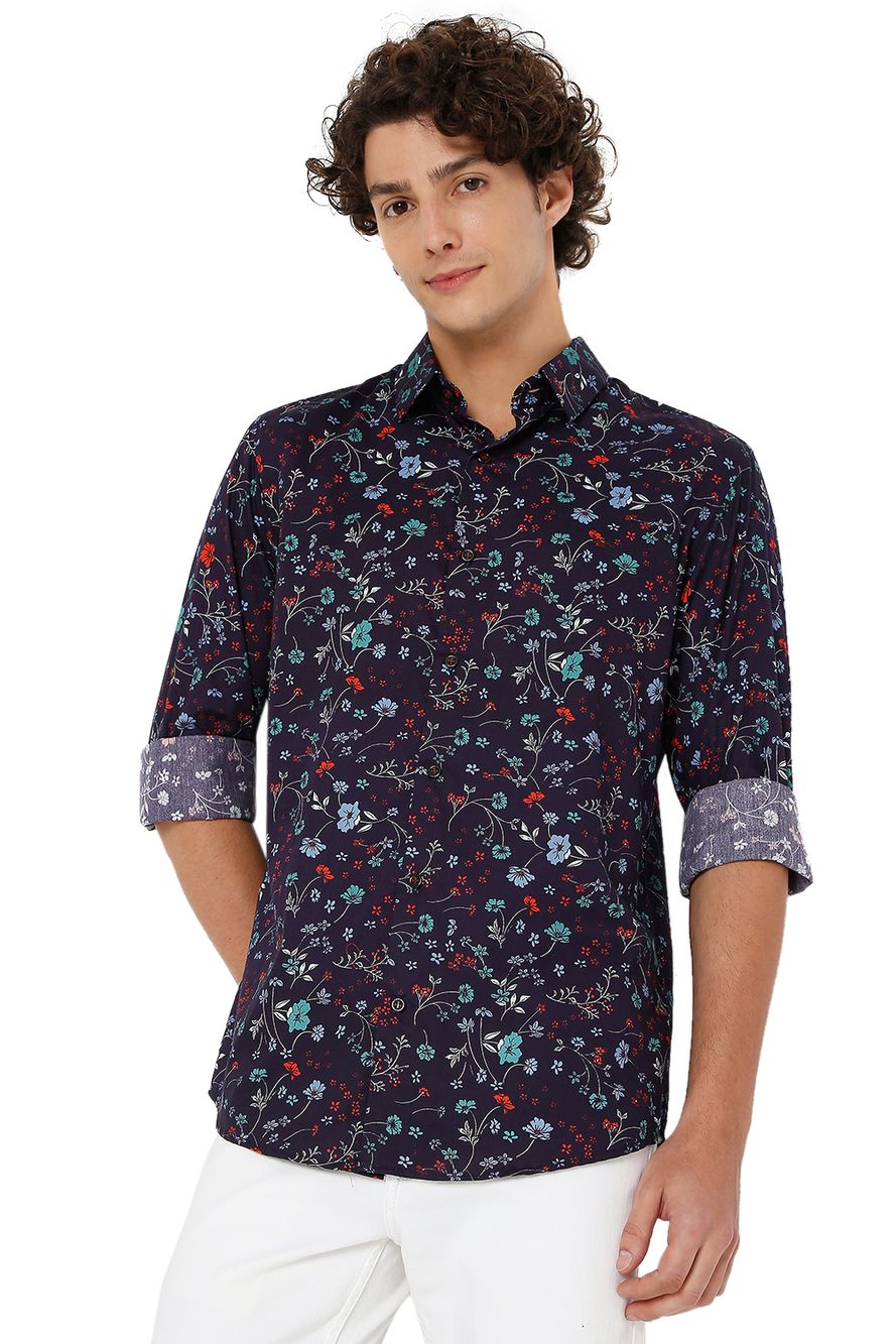 Navy & Multi Floral Print Shirt
