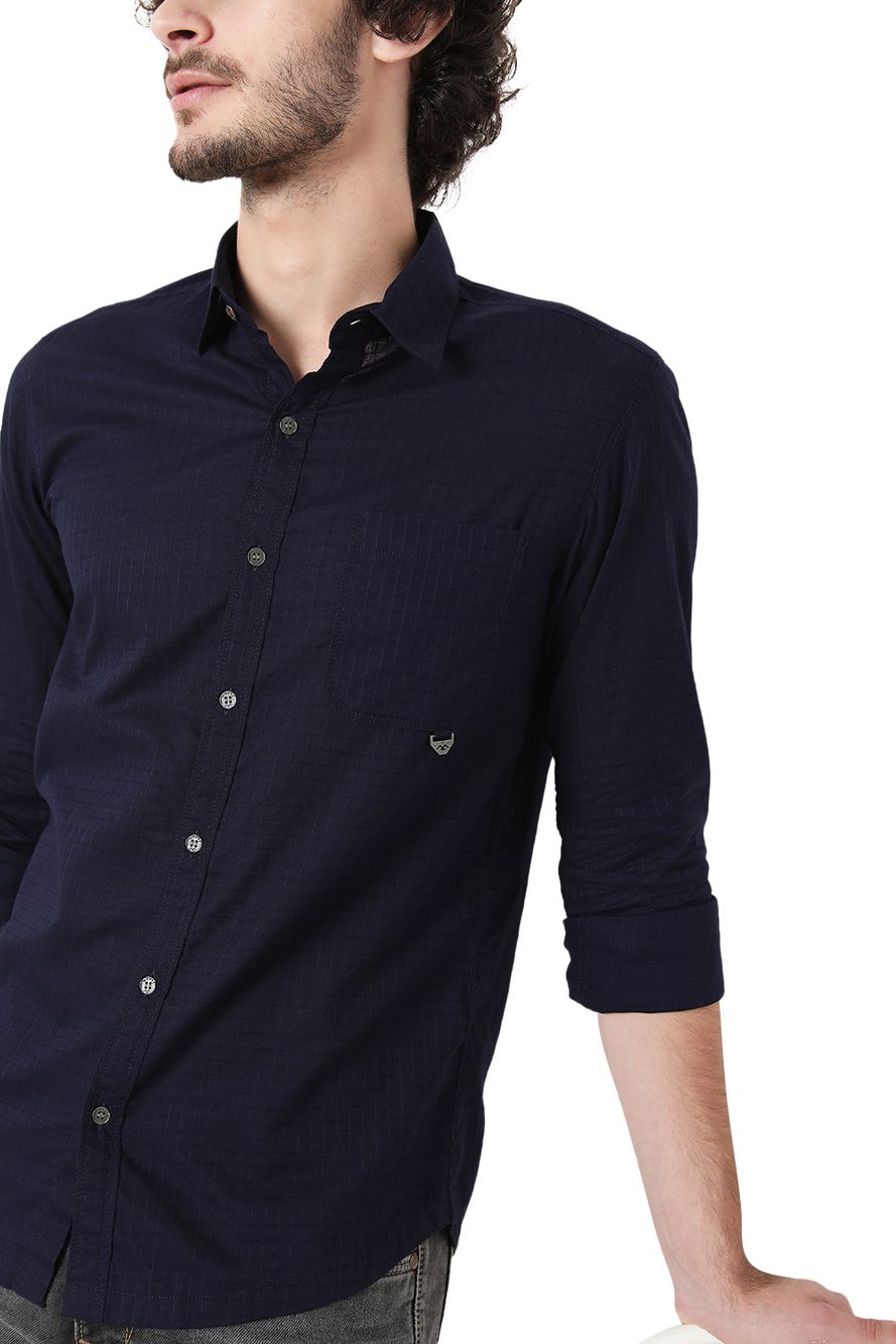 Navy Textured Dobby Slim Fit Casual Shirt