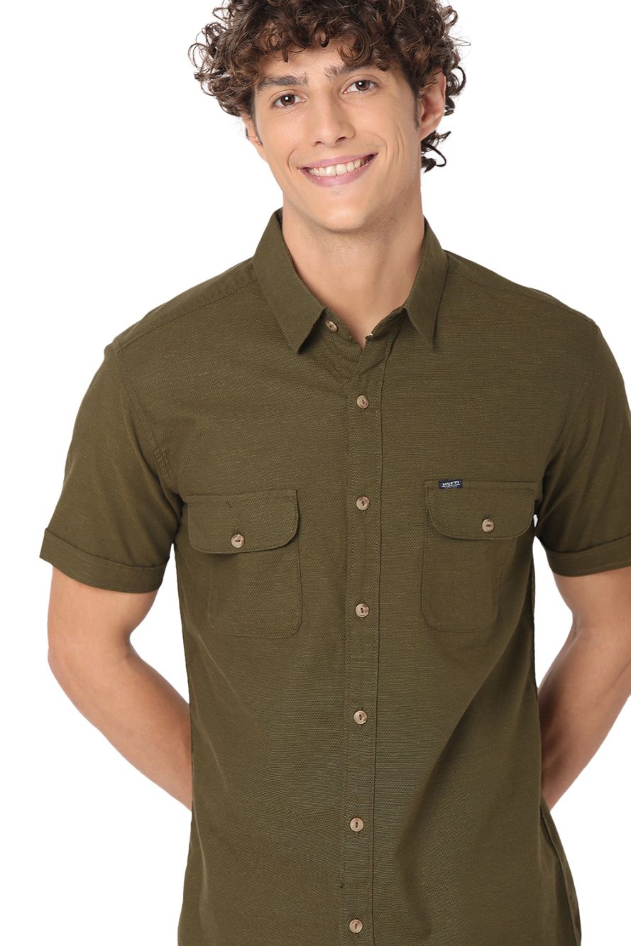 Olive Cotton Linen Military Slim Fit Casual Shirt