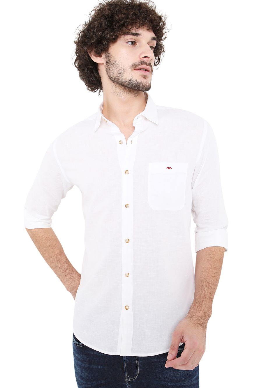 White Cotton Linen Slim Fit Casual Shirt
