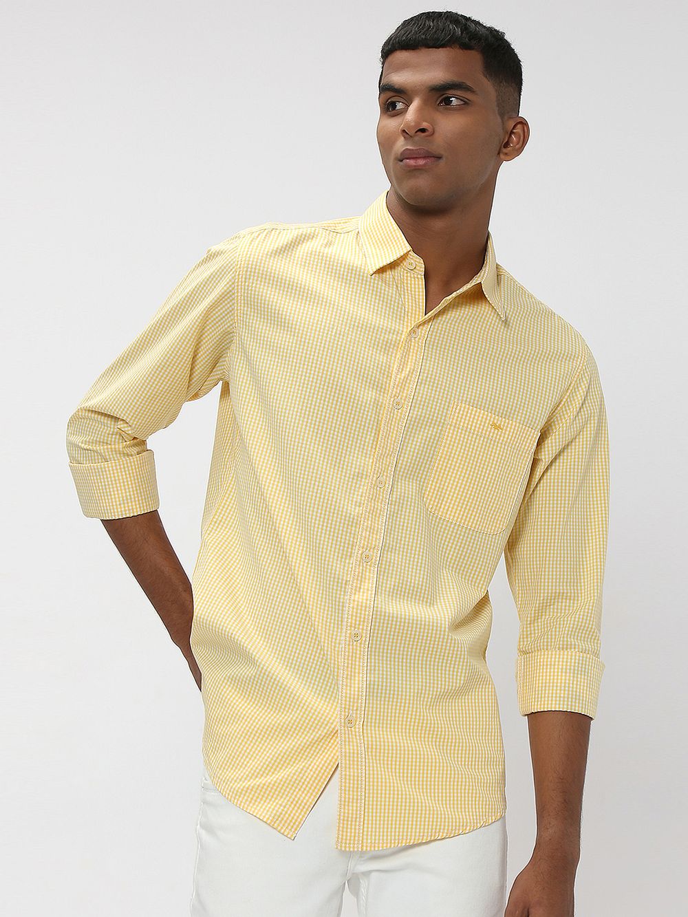 Yellow & White Gingham Check Slim Fit Casual Shirt