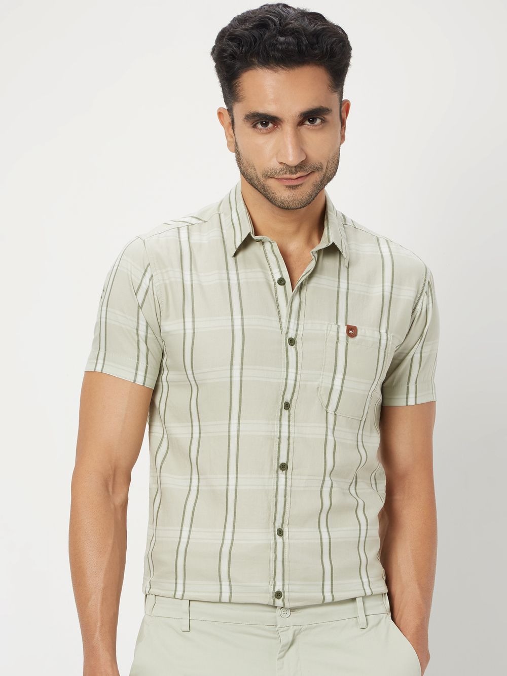 Light Olive & White Large Check Slim Fit Casual Shirt
