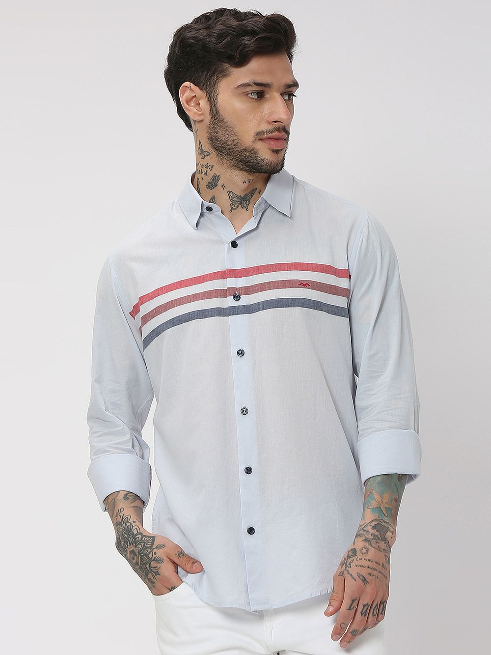 Light Blue & Red Chest Stripe Slim Fit Casual Shirt