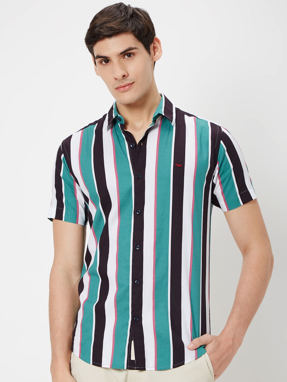 Green & Pink Resort Stripe Slim Fit Casual Shirt