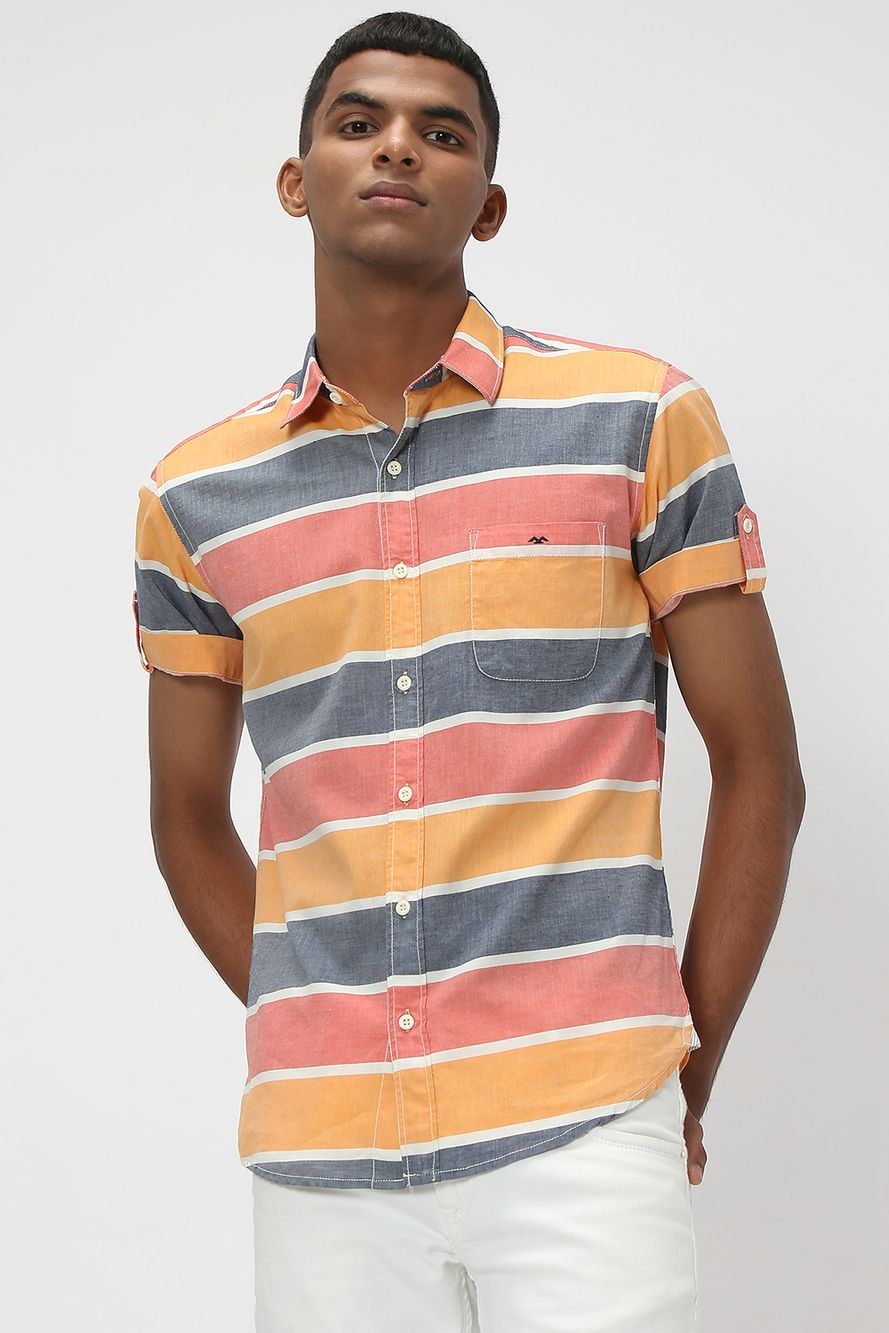 Orange & Blue Stripe Slim Fit Casual Shirt