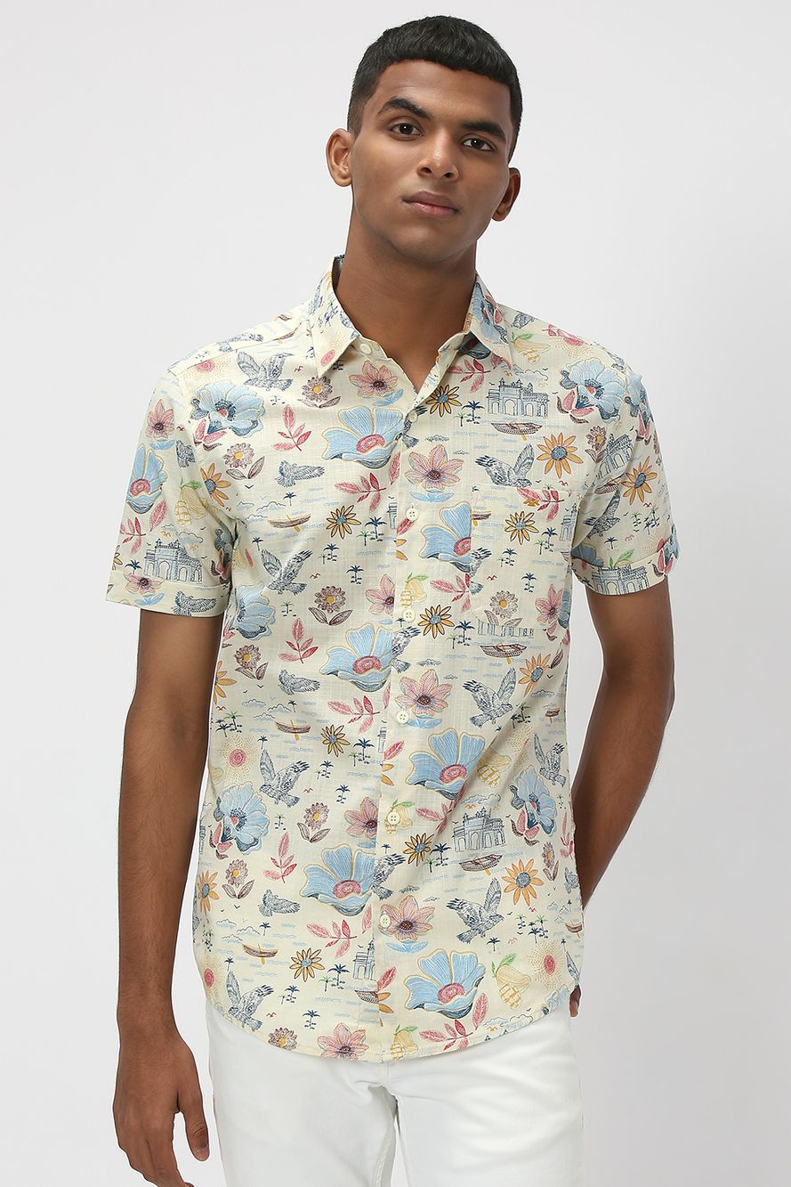 Off White & Multi Tropical Print Slim Fit Casual Shirt
