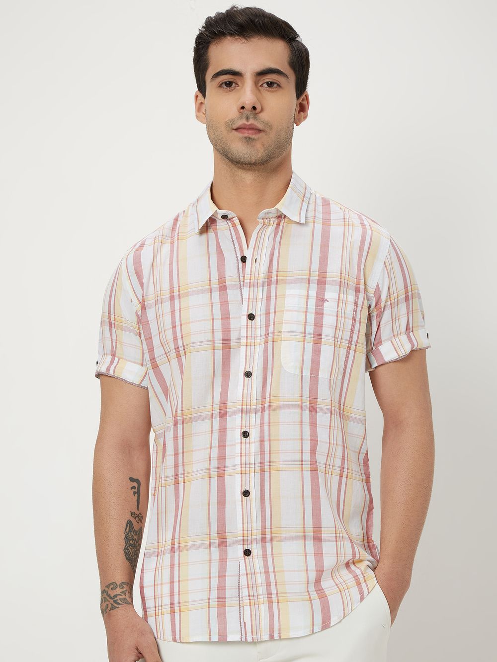 White Large Check Slim Fit Casual Shirt