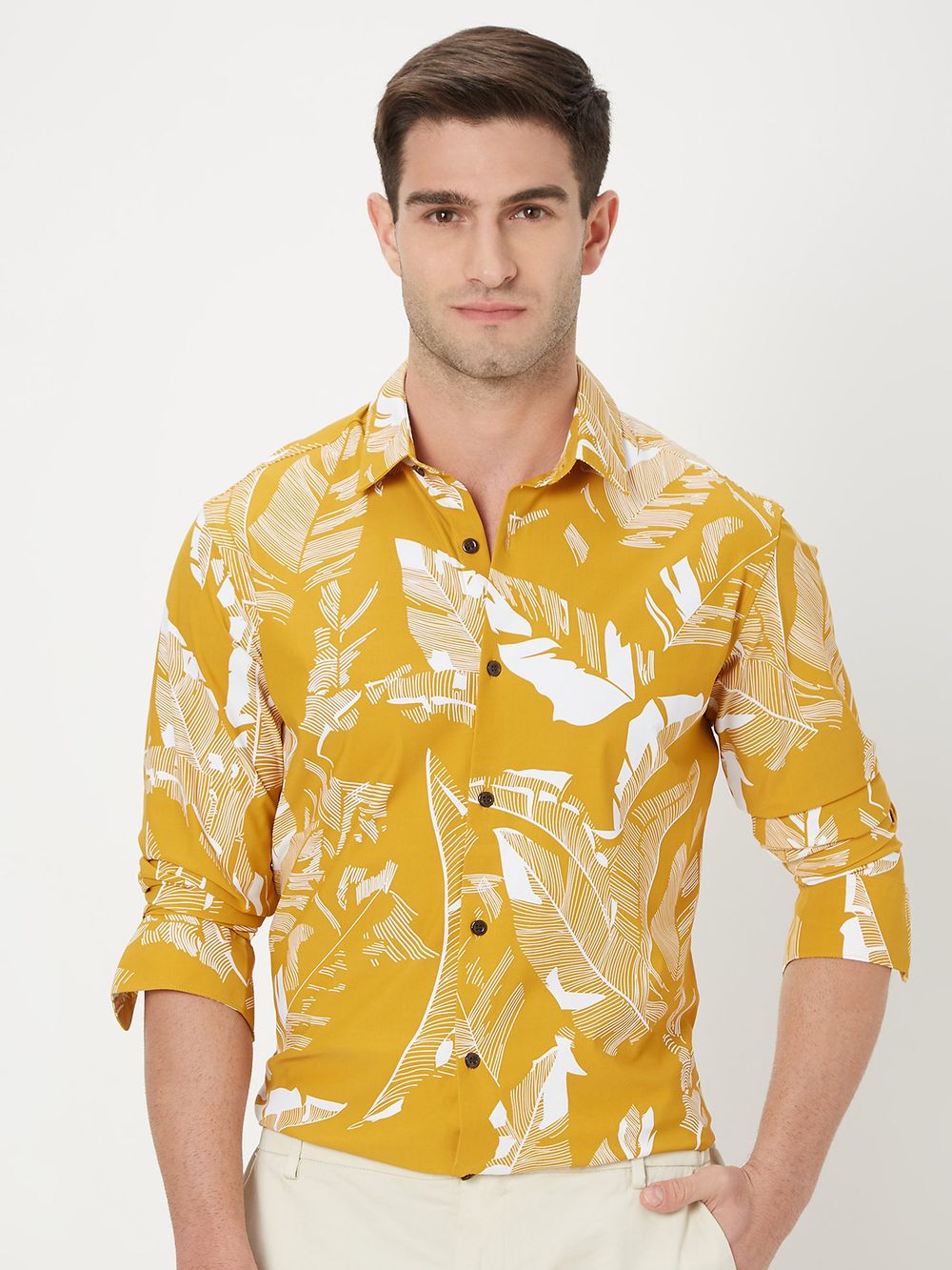 Mustard & White Leaf Print Shirt