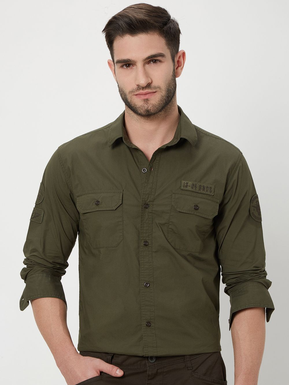 Olive Badged Plain Shirt