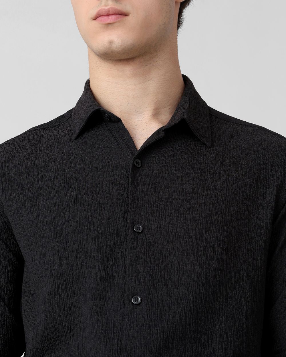 Black Textured Plain Slim Fit Casual Shirt