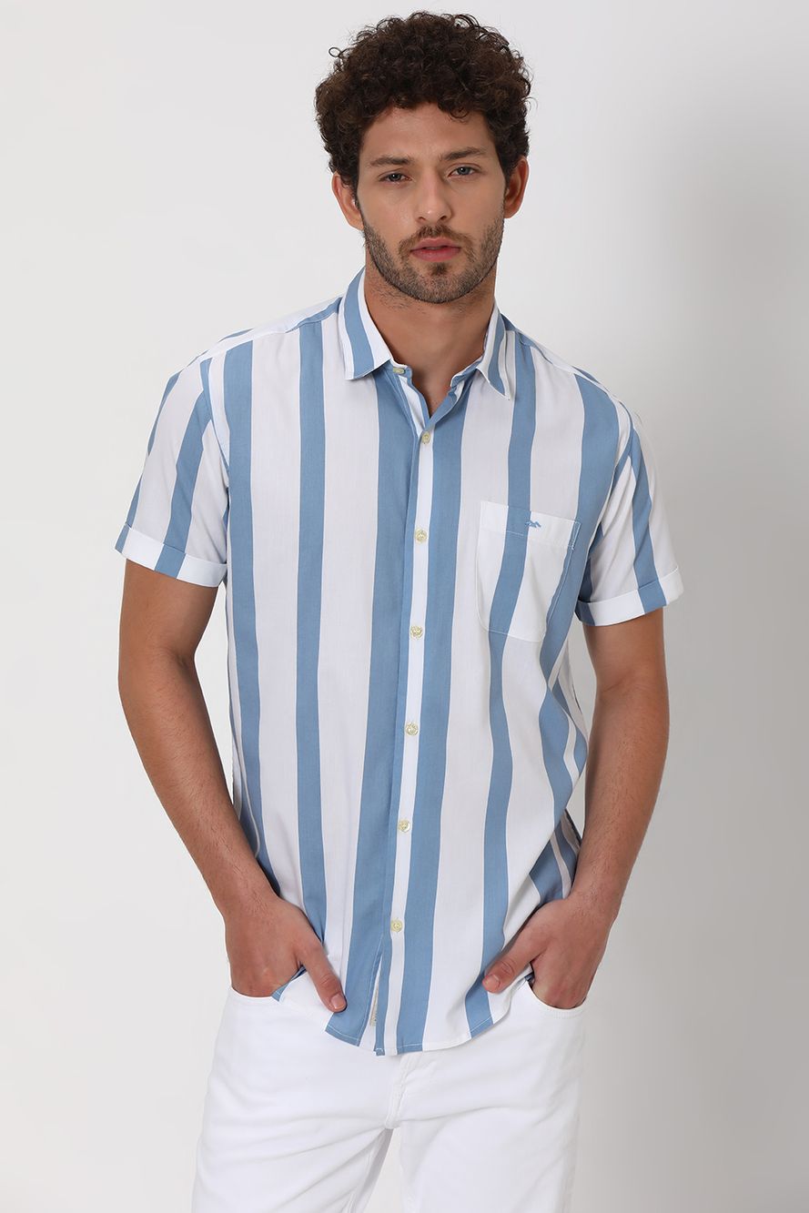 Blue Printed Stripe Slim Fit Casual Shirt
