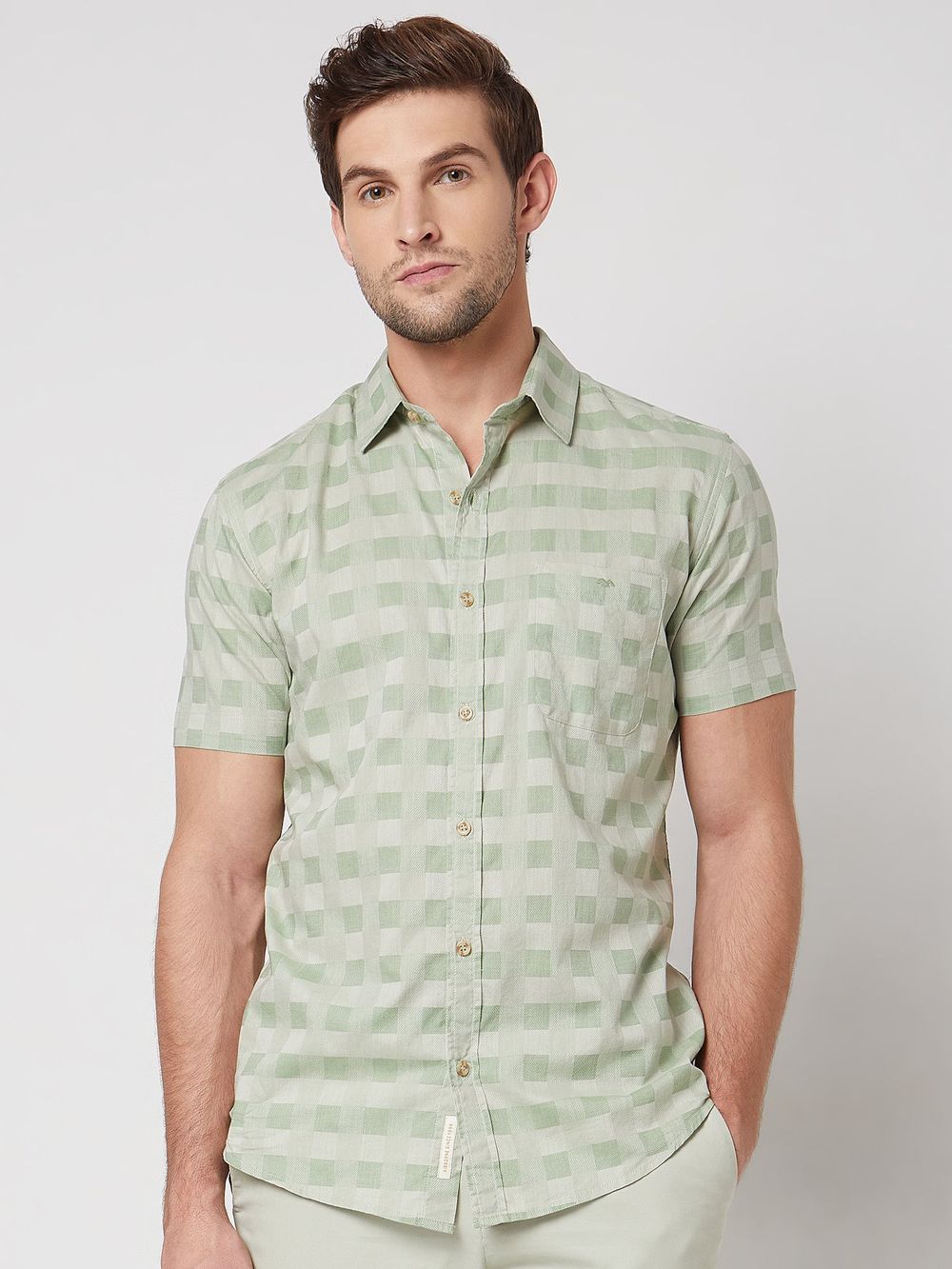 Light Olive Square Check Slim Fit Casual Shirt