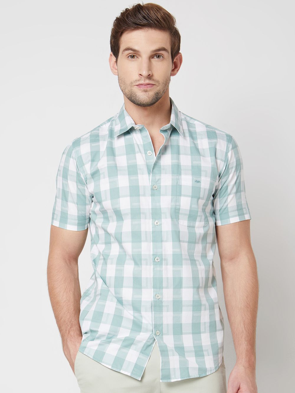 Light Olive Textured Check Slim Fit Casual Shirt
