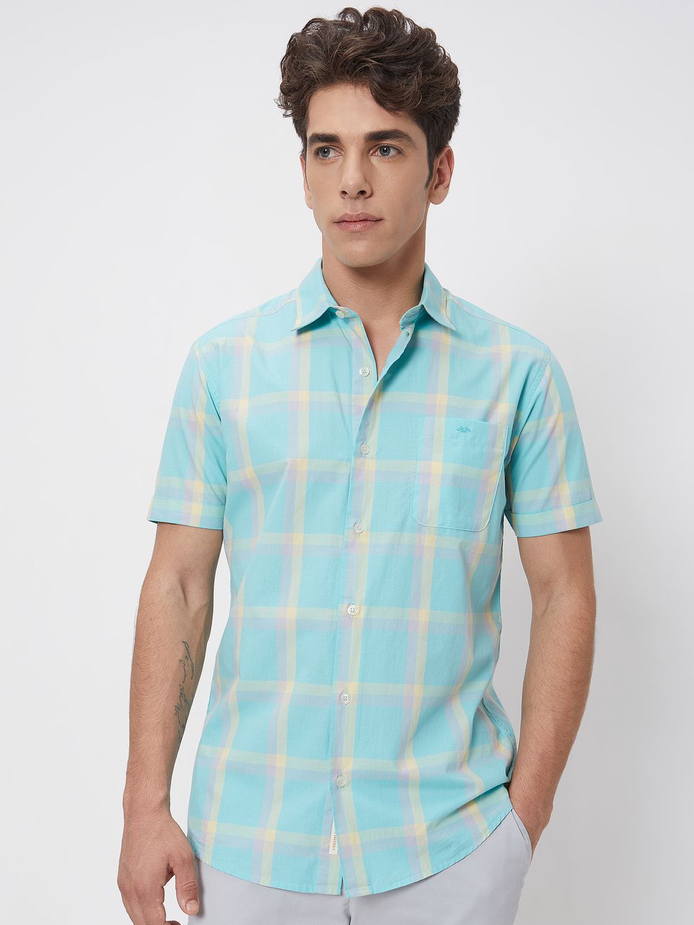 Turquoise Large Check Slim Fit Casual Shirt