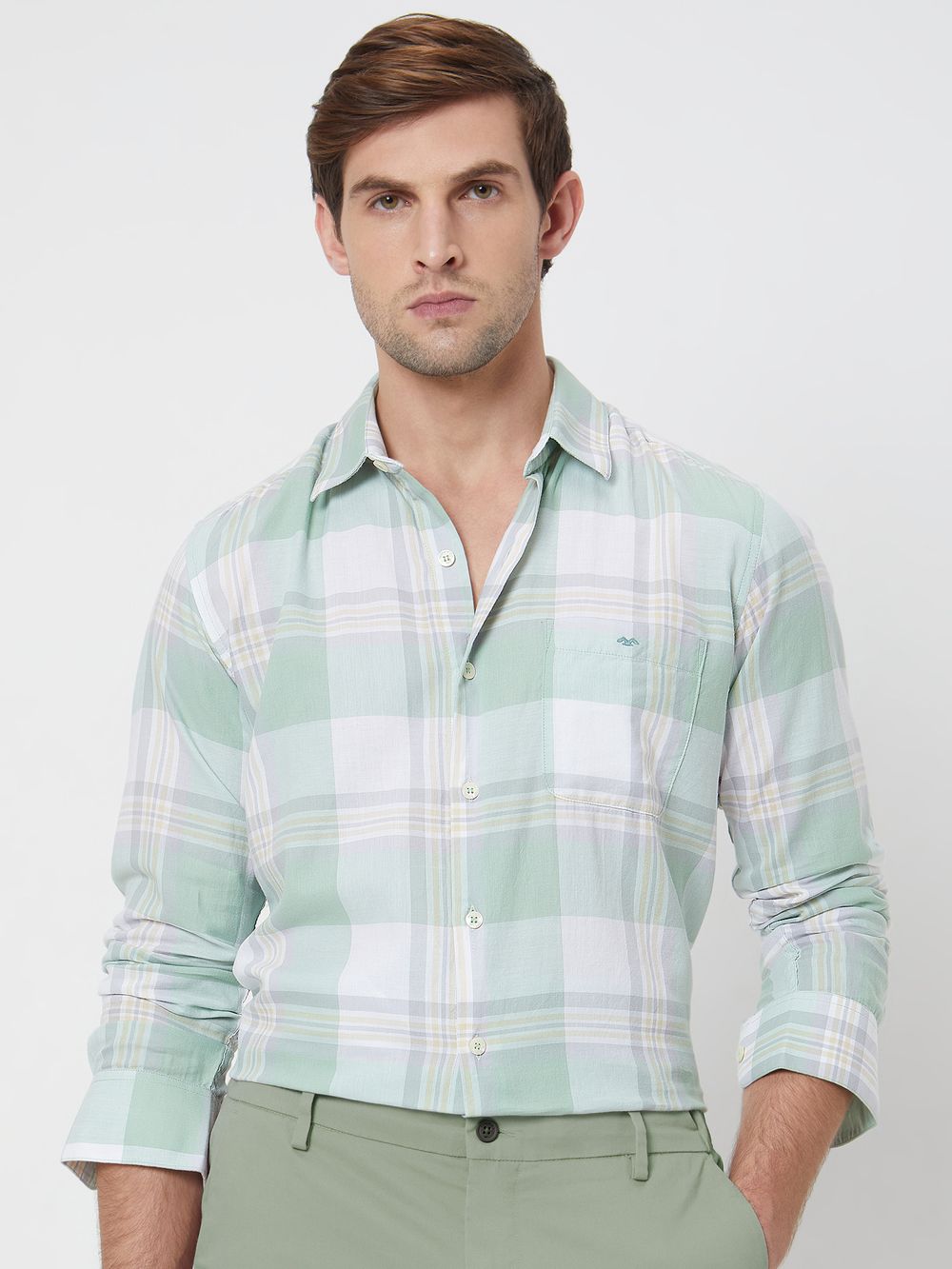 Light Green Large Check Slim Fit Casual Shirt