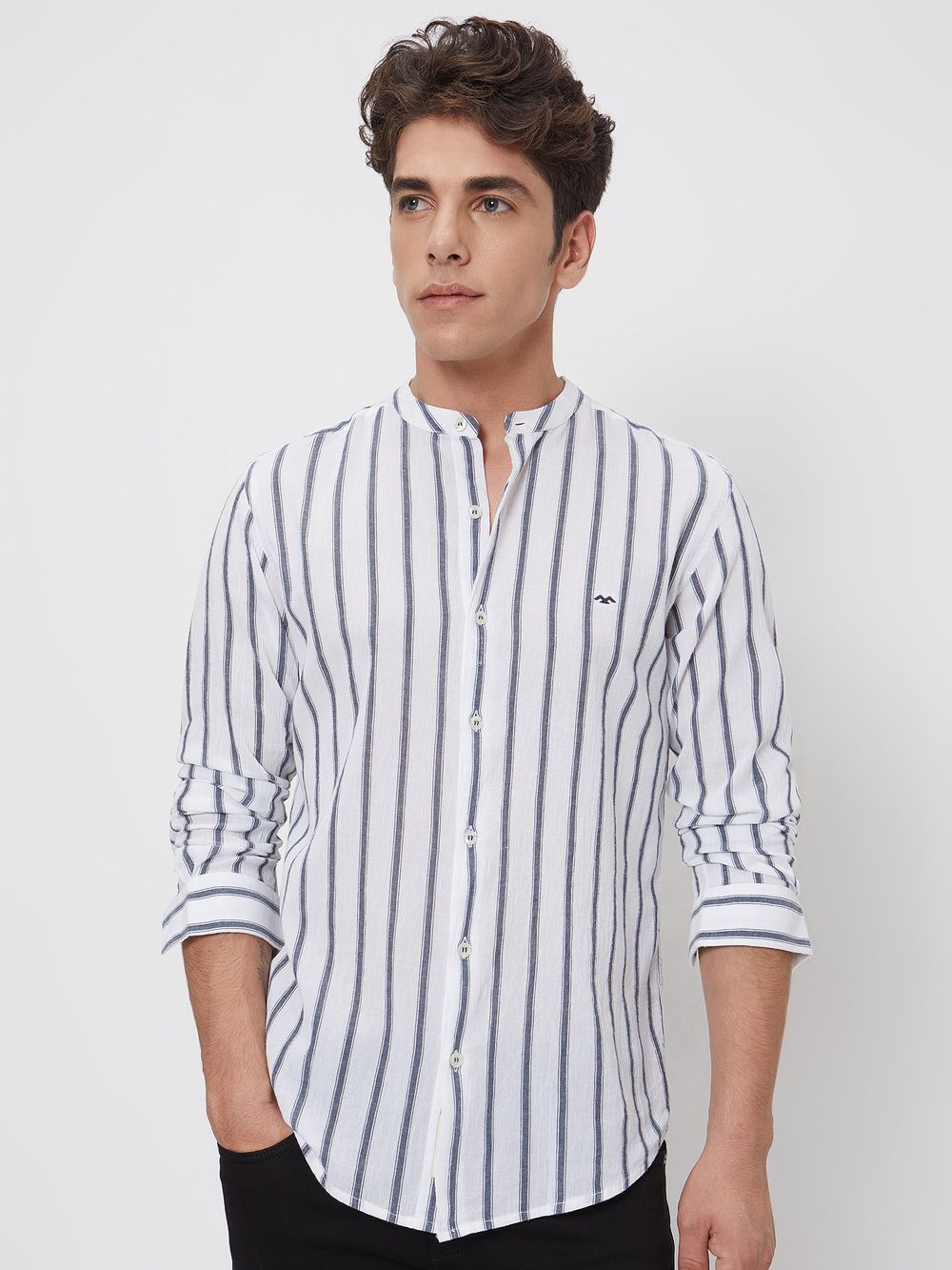Navy Textured Stripe Slim Fit Casual Shirt