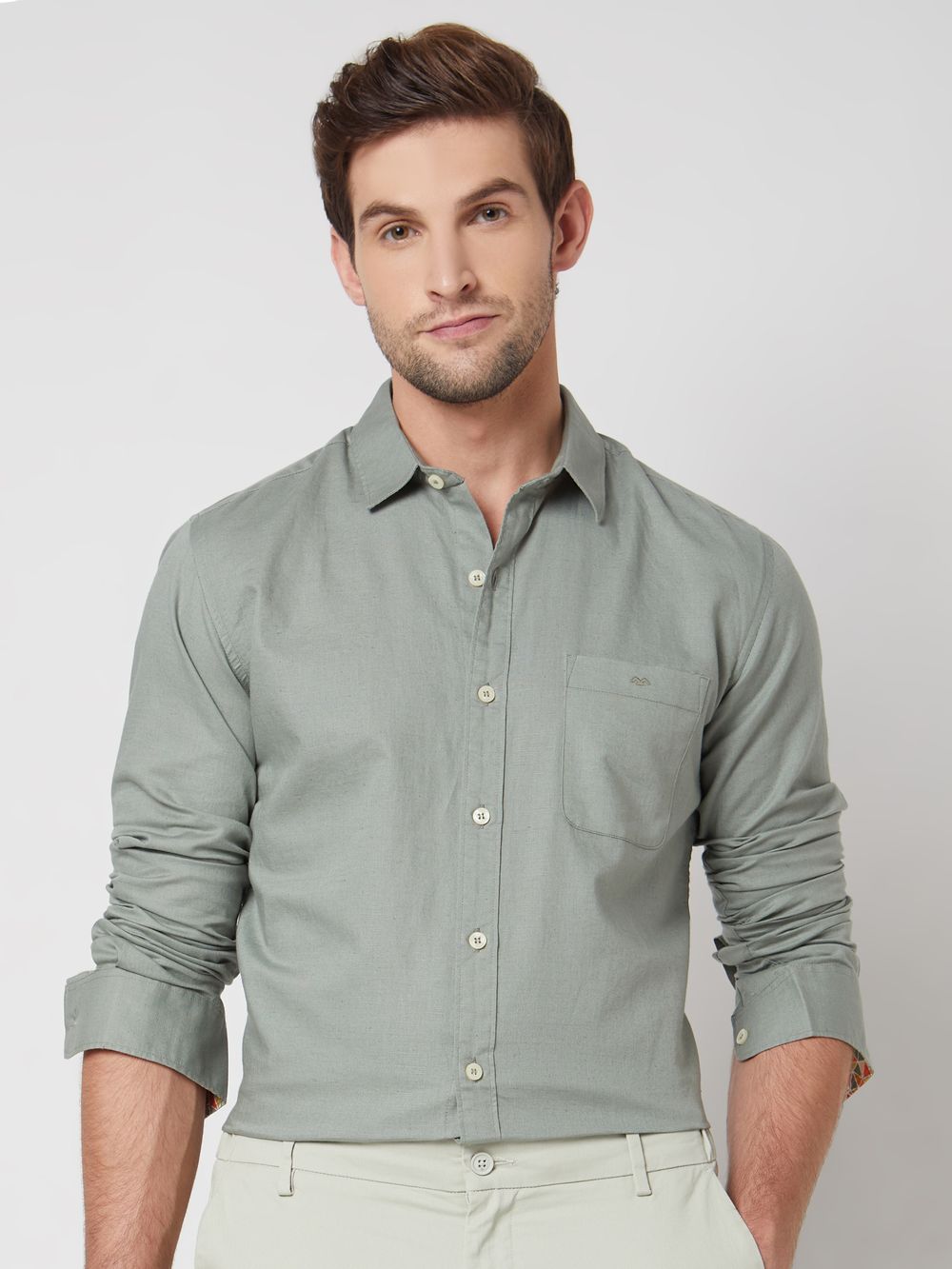 Light Olive Cotton Linen Plain Slim Fit Casual Shirt