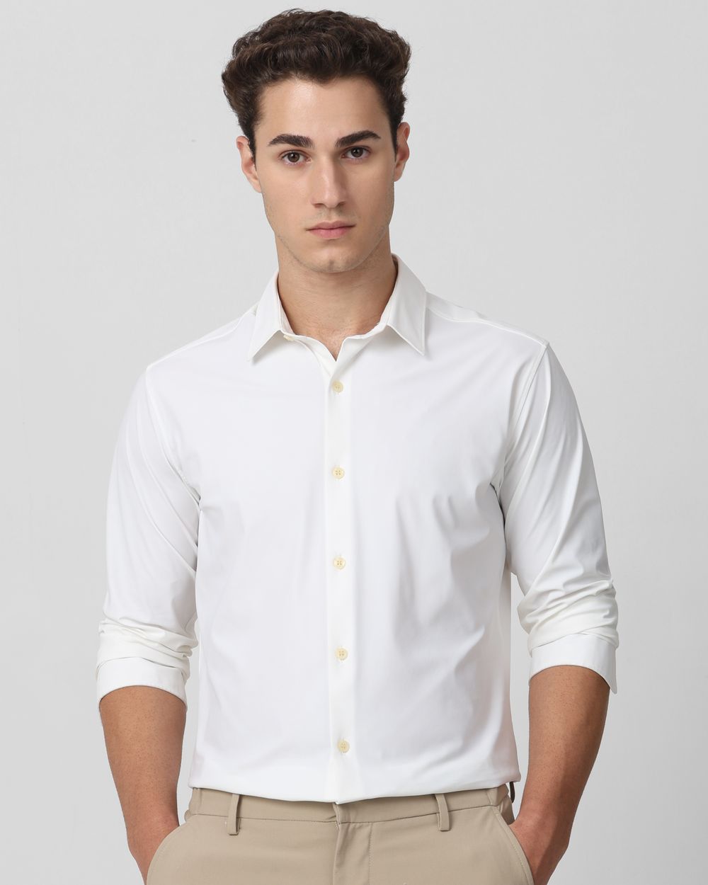 White Stretch Plain Slim Fit Casual Shirt