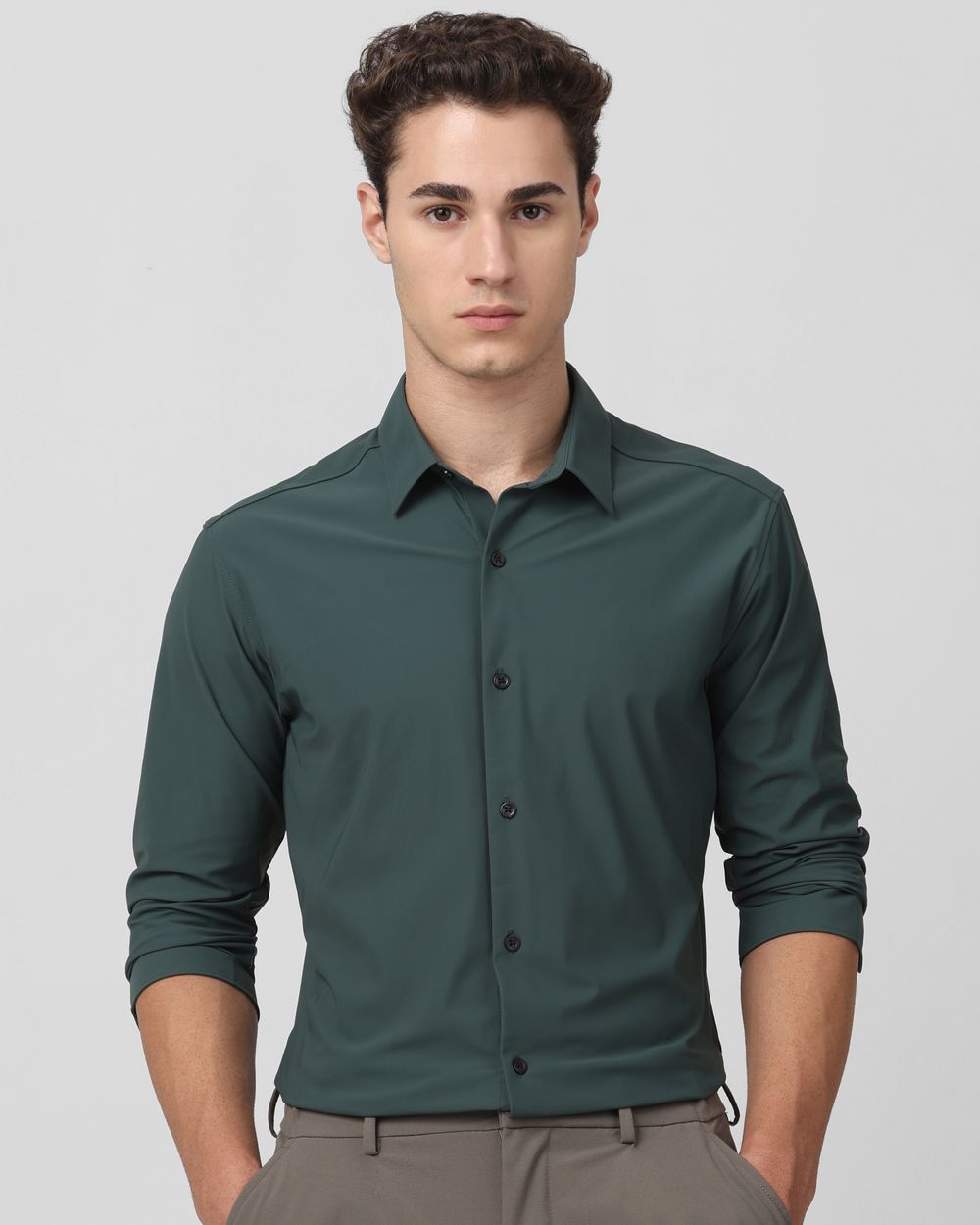 Green Stretch Plain Slim Fit Casual Shirt