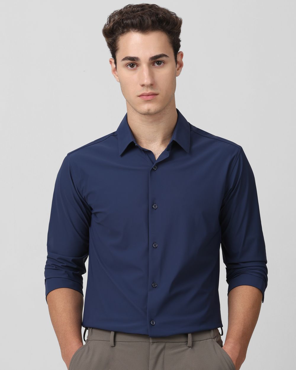 Navy Stretch Plain Slim Fit Casual Shirt
