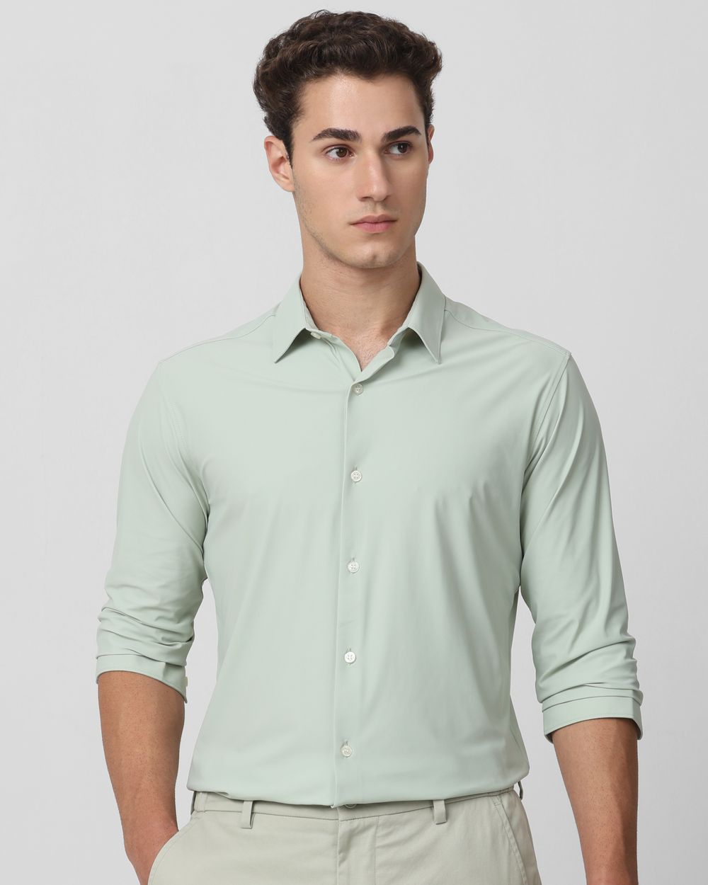 Light Green Stretch Plain Slim Fit Casual Shirt