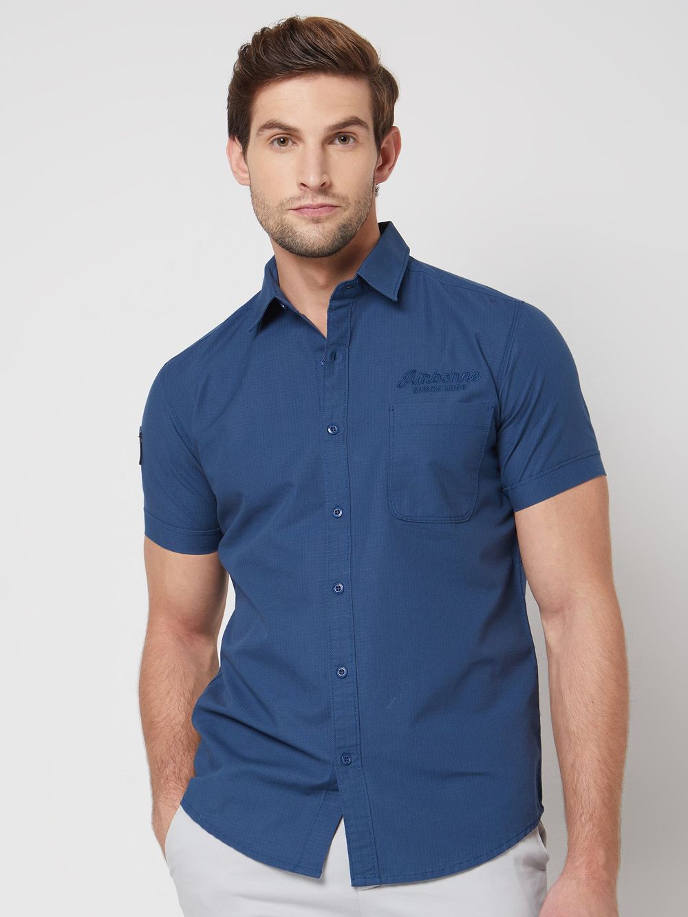 Blue Badged Plain Slim Fit Casual Shirt